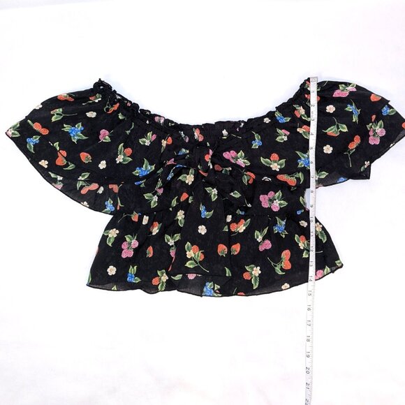Zara | Black Floral & Berry Print Ruffle Crop Top | Size Small - Picture 14 of 15